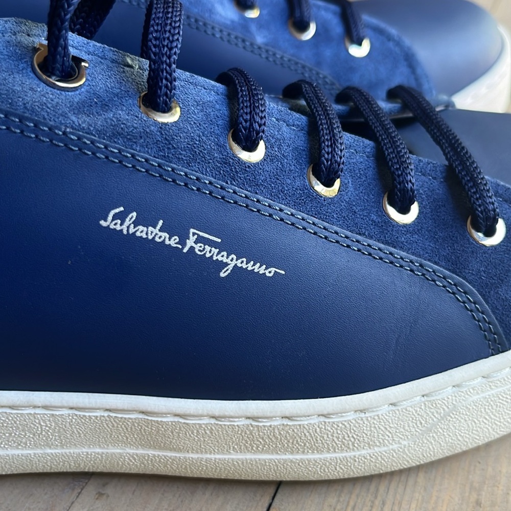 Salvatore Ferragamo Navy Blue Leather & Suede Sneakers